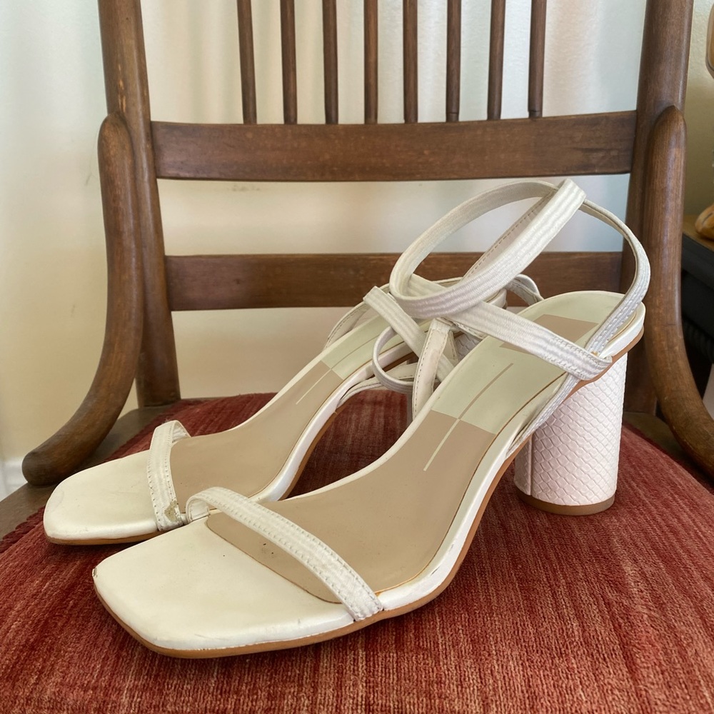 dolce vita white heeled sandals with elastic ankle strap- comfy!